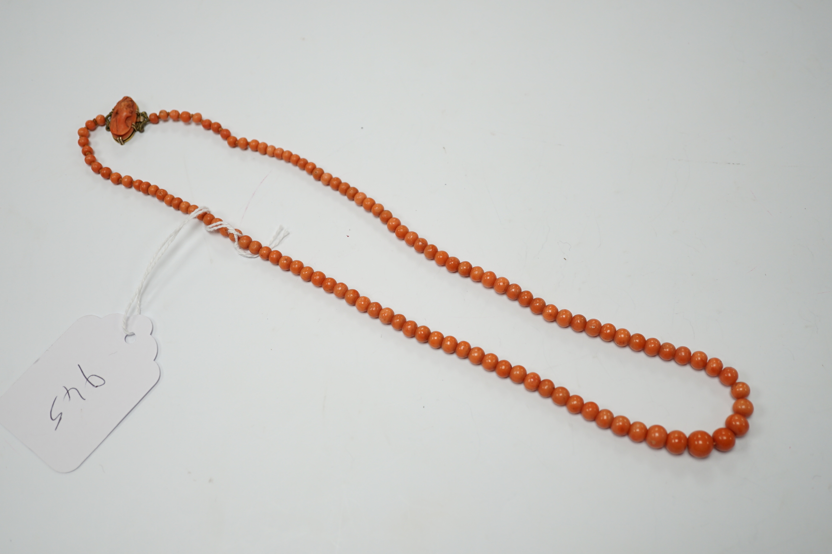 A single strand graduated coral bead necklace, with carved coral set yellow metal clasp, 52cm, gross weight 23.9 grams.